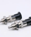 Top Shelf Stainless Steel Plunger Pin Set Double Pack For Tool Chest Organization With Quick Release Pull Ring Spring Loaded Self Locking Knob M10 Threads, close-up view of two stainless steel plunger pins.