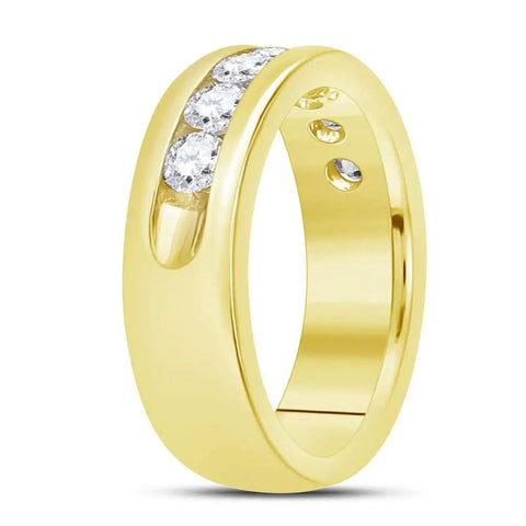 Legit Solid 14K Yellow Gold Men's Wedding Channel Band Ring Featuring Machine Set 1.50 Carat Round Diamonds For A Smooth Comfort Fit In Size Ten, angled view displaying diamonds.