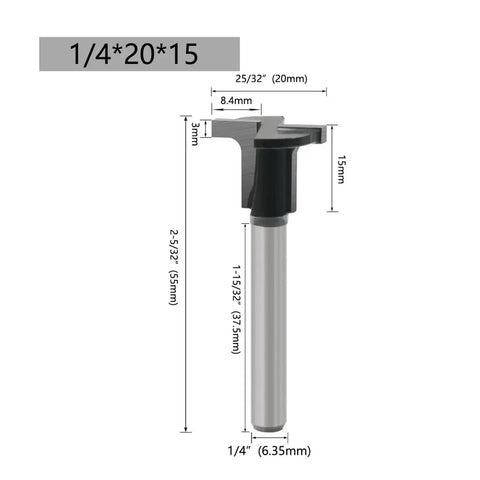 1/4 Inch Shank Arc Bending Router Bit dimensions with measurements for T-slot grooving, ideal for MDF and carbon crystal projects.