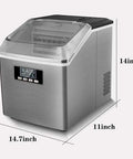 Hella Quick Electric Ice Cube Maker with stainless steel body, dimensions 14x14.7x11 inches, designed for quick ice production.
