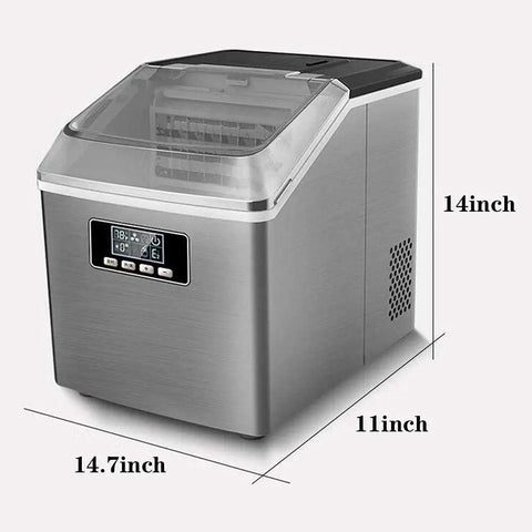 Fast Cycle Electric Ice Cube Maker For Countertop Bars And Kitchens, 14 inch tall, polished stainless exterior, 24 cubes in 15 minutes.