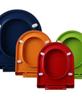 Colorful tough square toilet seats in navy, orange, red, and green with soft close lids for bathroom refresh.