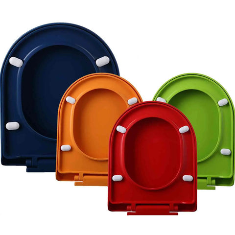 Colorful tough square toilet seats in navy, orange, red, and green with soft close lids for bathroom refresh.
