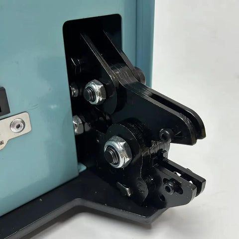 Close-up of Heavy Duty Electric Crimping Tool 60 Watt Cold Presser showing interchangeable die set for electrical wiring.