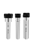 Rock Solid Workhorse Grade Extended Rod Side Fixed ER Chuck With Precision Threading Built Tough For CNC Lathes And Milling Machines Smooth Finish Heavy Duty Industrial Tooling, three different sizes and shapes of chucks.