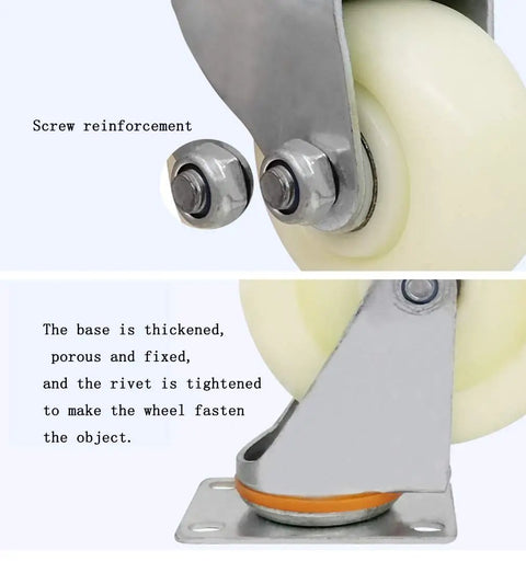 Close-up of 3 Inch Heavy Duty Nylon Casters 4 Pack showing screw reinforcement and thickened metal base for stability.