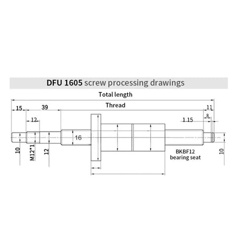 Technical drawing of Top Notch High Precision CNC Ball Screw With Nut 1605 C5 360mm Travel with dimensions and thread details.