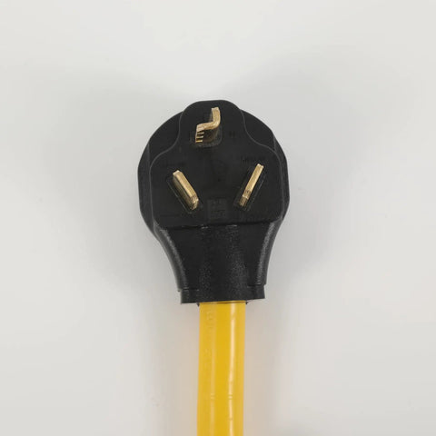 Nema 10-30P To 14-50R Level 2 Electric Vehicle Charger Adapter Cord 30A To 50A plug end with gold prongs and yellow cable.