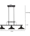 Kitchen Island Pendant Light Three Light Industrial Ceiling Fixture With Metal Shades Matte Black Finish dimensions image
