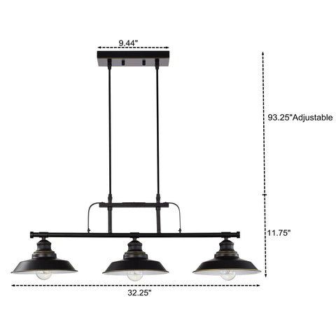 Kitchen Island Pendant Light Three Light Industrial Ceiling Fixture With Metal Shades Matte Black Finish dimensions image