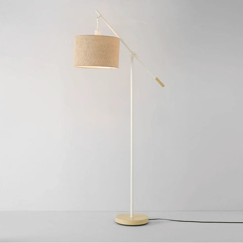 Serena 66 Inch Floor Lamp With Matte White Finish Faux Wood Accents And Natural Jute Shade Adjustable Arm Dimmable Rotary Socket Japandi Style