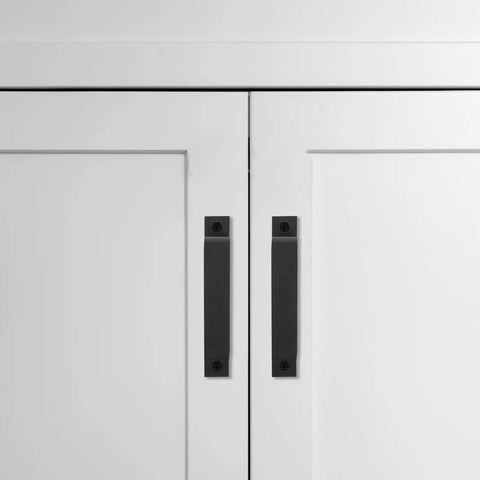 Close-up of cabinet with black 2 Pack Barn Door Handles Beefy Metal Sliding Door Pull Handles For Cabinet With Comfortable Grip Stable And Practical.