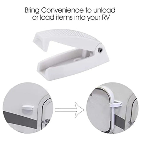 Beefy Heavy Duty RV Door Catch Kit For Trailers Boats And Campers, Push Open Ball Latch, shown mounted on trailer door