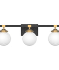 Mid Century Modern Bathroom Vanity Light Fixture Set With Three Lights Milky White Glass Shades Black And Gold Finish