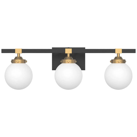 Mid Century Modern Bathroom Vanity Light Fixture Set With Three Lights Milky White Glass Shades Black And Gold Finish