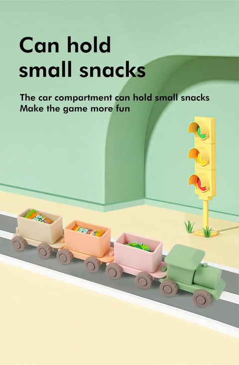 Game Changing BPA Free Silicone Toy Train For The Kiddos Push And Pull Stacking Blocks in bright colors holding snacks