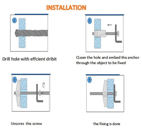 Installation steps for Mixed Heavy Duty Toggle Bolts Anchors And Screws Kit For Drywall Wood Ceilings And Hollow Walls 30 Sets