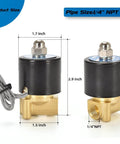 Brass Electric Solenoid Valve 12V Quarter Inch Port Normally Closed with size dimensions labeled and visible wiring