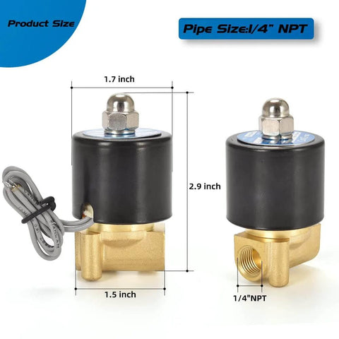 Brass Electric Solenoid Valve 12V Quarter Inch Port Normally Closed with size dimensions labeled and visible wiring