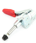 Beefy Heavy Duty Toggle Clamp Hold Down With Push Pull Action for Woodworking Jigs and Fixtures, shown with red handle and adjustable base.