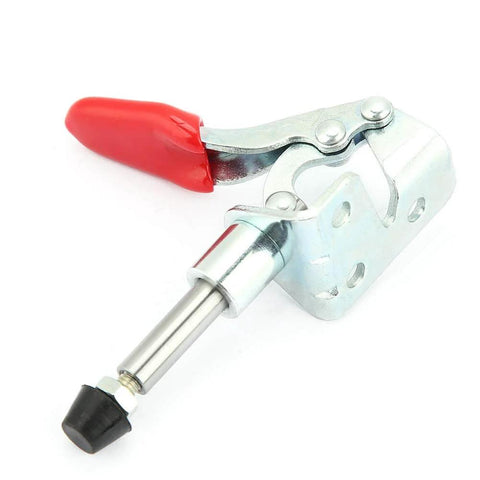 Beefy Heavy Duty Toggle Clamp Hold Down With Push Pull Action for Woodworking Jigs and Fixtures, shown with red handle and adjustable base.