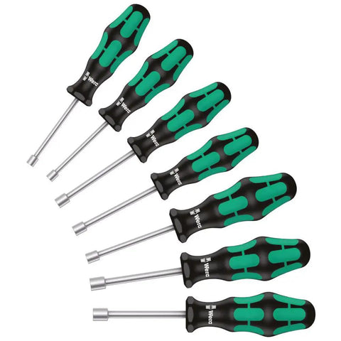 Hollow Nutdriver Set 7 Piece Imperial SAE With Alloy Steel Shanks And Multi Component Handles arranged diagonally