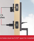 Diagram showing installation of Vancouver Handleset With Halifax Matte Black Exterior Front Door Lockset With Deadbolt And SmartKey Security Two Bore Holes Interior Lever Rekeyable Lock For Secure Home Entry with 5-1/2 inch bore hole spacing.