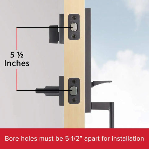 Diagram showing installation of Vancouver Handleset With Halifax Matte Black Exterior Front Door Lockset With Deadbolt And SmartKey Security Two Bore Holes Interior Lever Rekeyable Lock For Secure Home Entry with 5-1/2 inch bore hole spacing.