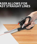 Laser-guided sewing scissors with ergonomic black handle and silver blades for fabric cutting.