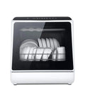 Fully Automatic Portable Countertop Dishwasher Crafted From Premium Stainless Steel with dishes inside and LED control panel.