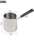 Stainless Steel Milk Pot With Easy Pour Spout For Chocolate Melting Butter Warming And Sauce 350ml with dimensions shown