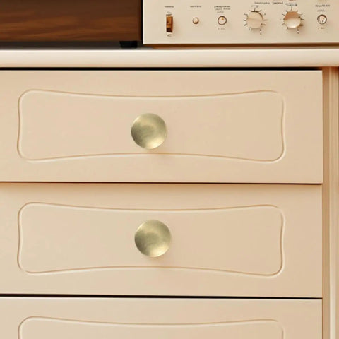 Vintage Round Cabinet Knobs Gold Finish Hardware Set Of 6 for kitchen drawer, visible installed on cream drawer front