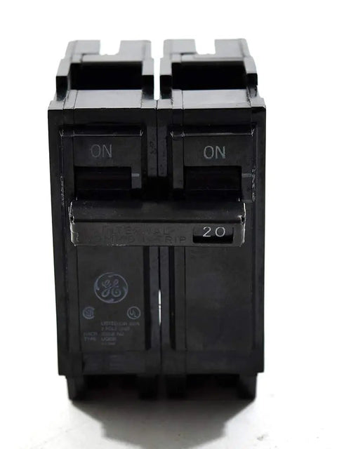 THQL2120 20 Amp 240 Volt Two Pole Circuit Breaker Plug In Design For Quick Install And Reliable Protective Coverage In Residential And Light Commercial Panels With Rock Solid Durability And Easy Mounting black copper-body breaker front view