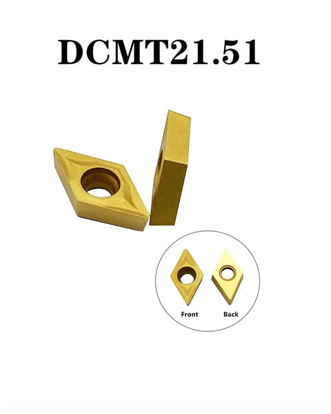 Front and side view of 10 Piece DCMT21.51 DCMT070204 Diamond Carbide Lathe Inserts for turning, showing single-sided chipbreaker.