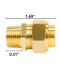 Half Inch NPT Brass Male Nipple Pack of Two for Gas Water Oil and Air Tool Hoses Hex Threaded Connectors, close-up showing dimensions