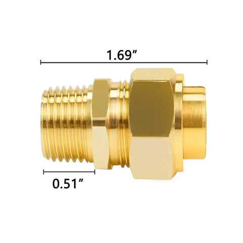 Half Inch NPT Brass Male Nipple Pack of Two for Gas Water Oil and Air Tool Hoses Hex Threaded Connectors, close-up showing dimensions