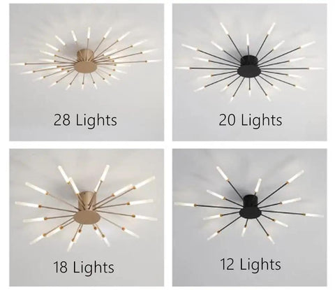 Four variations of starburst style ceiling lights with 28, 20, 18, 12 lights, showcasing modern semi flush designs in acrylic finish.