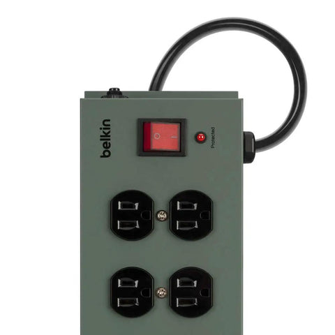 Close-up of Power Strip Surge Protector With Ten Outlets And A 15 Foot Heavy Duty Metal Extension Cord Wall Mount Ready