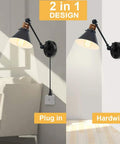 Plug In Wall Sconces Two Pack With Swing Arm, Dimmable Rotary Dimmer Switch, Black Metal Vintage Industrial Lighting for bedside