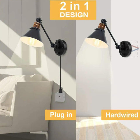 Plug In Wall Sconces Two Pack With Swing Arm, Dimmable Rotary Dimmer Switch, Black Metal Vintage Industrial Lighting for bedside