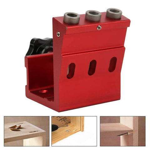 Pocket Hole Drill Guide Aluminum Alloy Woodworking Jig For Precise Hidden Joints And Fast Furniture Assembly Pro Grade Compact Hole Punch Locator Tool With Dual Color Options For DIY Projects Red front view showing the red drilled jig block with holes for precise alignment.