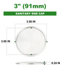 Front view of a 3-inch sanitary end cap, 304 stainless steel for tri-clamp fittings with 5 silicone gaskets.