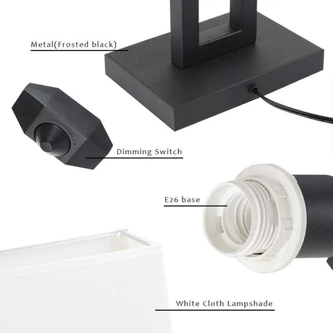 Close-up of White Indoor Table Lamp with Dimmable Brightness, On Off Switch, Black Base, and E26 Socket Components