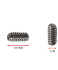 Stainless Steel Allen Head Hex Socket Set Screws 25 Pack Cup Point Grub Screws Four Forty Thread One Quarter Inch Length with hex key, 1/4 inch and 4-40 dimensions shown.