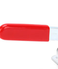 Close-up of Beefy 182kg Toggle Clamps Two Pack Anti Rust Alloy Steel Horizontal Hold Downs With Quick Release, red handle visible.