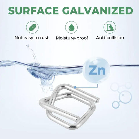Kickass 100 Pack Three Quarter Inch Steel Wire Buckles For Woven Cargo Straps shown in water highlights galvanized surface.