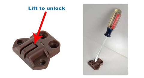 Hardcore Table Alignment Lock And Strike Kit Brown Shade 10 Pack Heavy Duty Cabinet Hardware showing lift to unlock feature.