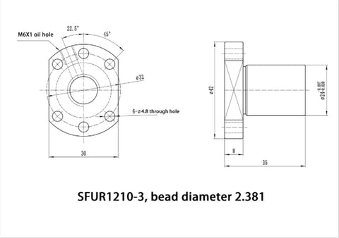 Technical drawing of SFUR1210-3 component in Pro Grade 12mm Ball Screw Kit With 10mm Pitch For CNC Machines