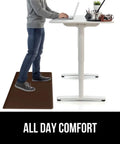 Person standing at a desk on a brown 2 Pack Cushioned Kitchen Floor Mats For Comfortable Standing 17x24 And 17x48 Waterproof And Stain Resistant One Half Inch Thick Soft Ergonomic Anti Fatigue Mat With Foam Support For Feet Brown.