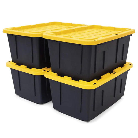Heavy Duty 4 Tier Garage Storage Shelves With 4 Pack 27 Gallon Bins And Lids Built Tough To Stash Your Gear Tight And Support Heavy Loads Without Breaking A Sweat